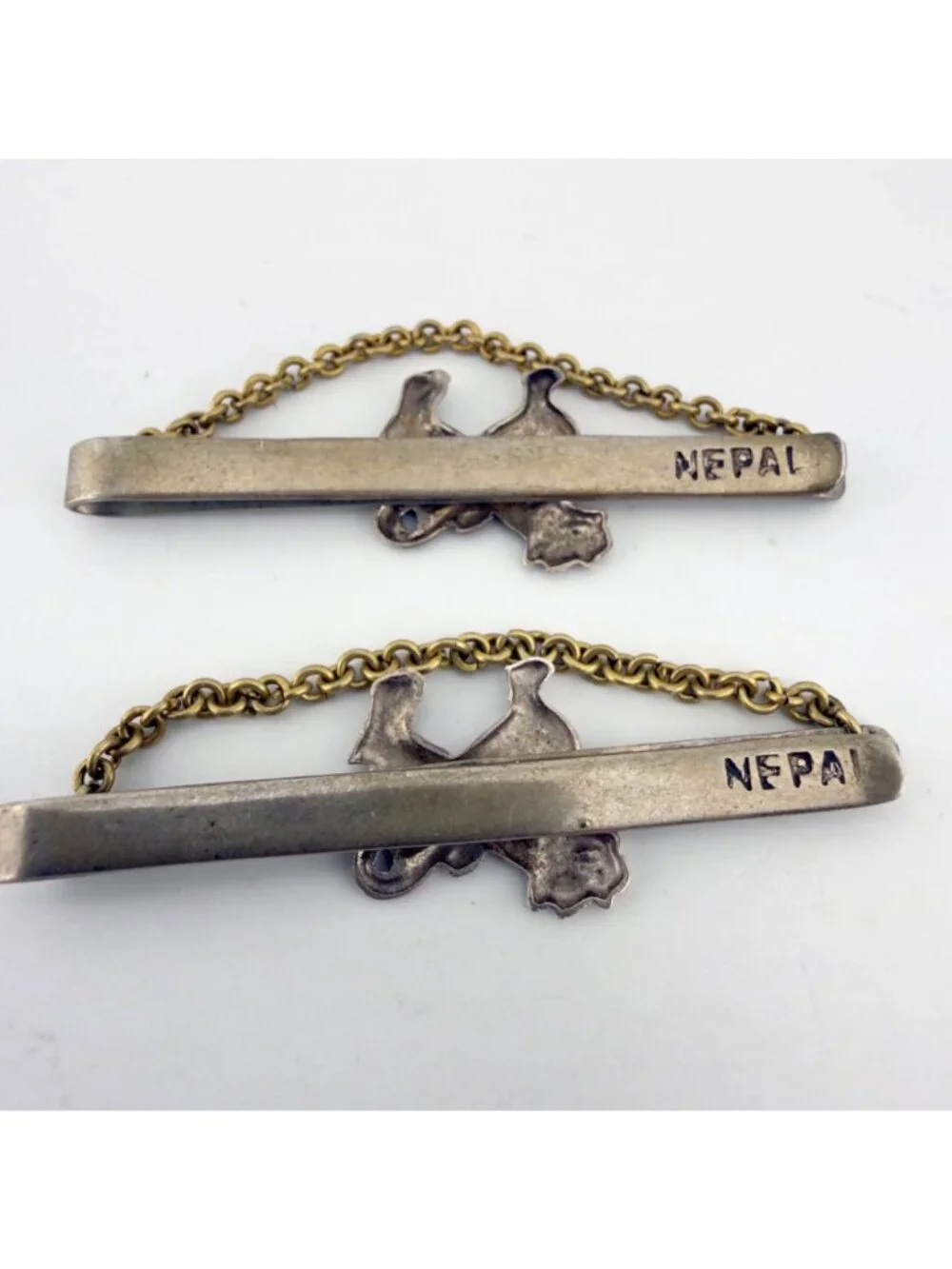 Vintage Nepal Guardian Lion Tie Bar Set of 2 Figural Silver Tone
